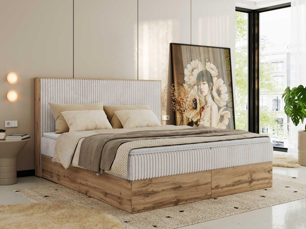 MKS MEBLE Boxspringbett WOOD CLASSIC, Komplett Set mit Multipocket-Matratze und Topper T25, Doppelbett für Schlafzimmer, hohe Kopfteil - 180 x 200...