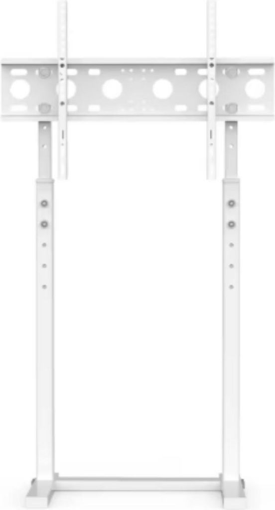 A white TV floor stand is shown against a white background.