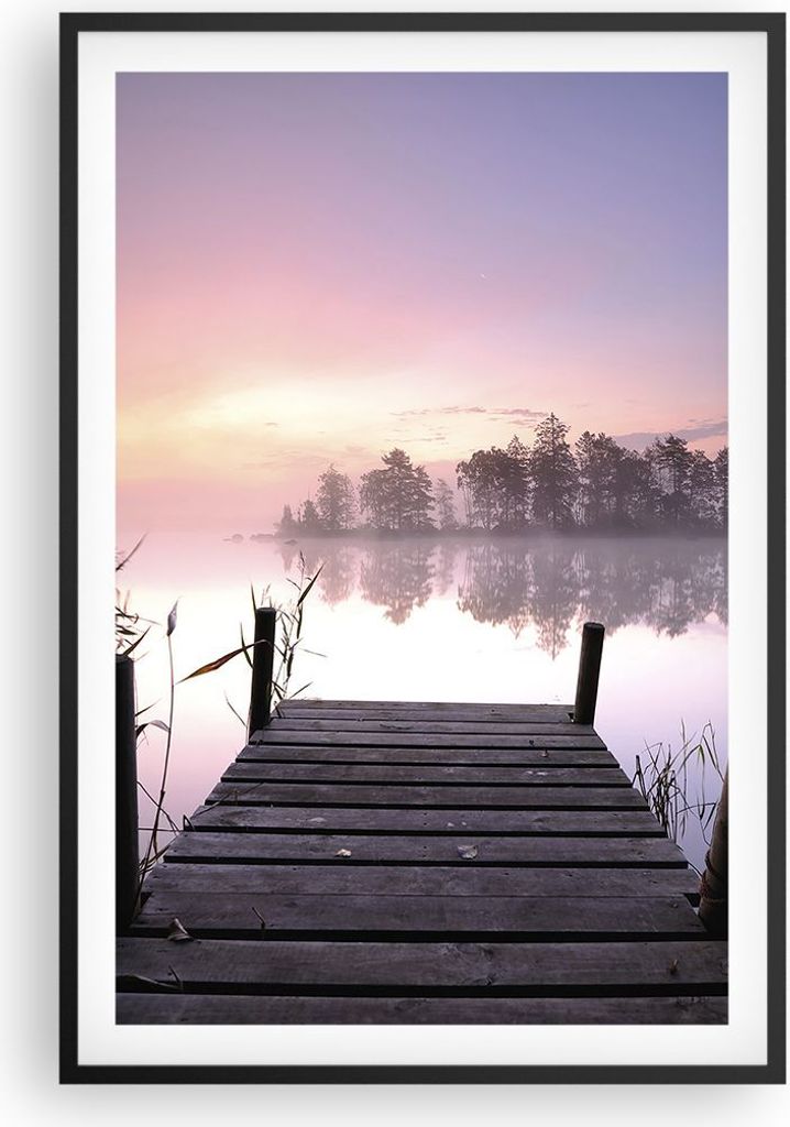 Gerahmtes Poster - Schwarzer Rahmen - Morgen Sonnenaufgang Nebel See - 61x91,5 cm - Wand Bild - Wanddeko - Wandbilder - Wandposter - Bilderrahmen -...