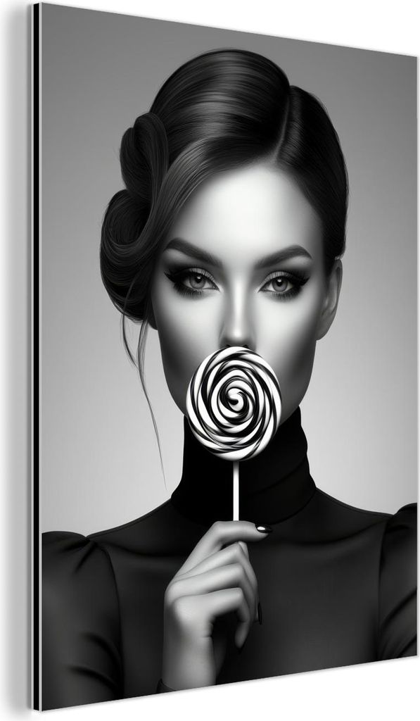 MuchoWow Wanddekoration Metall Metallbild Wandkunst 30x40 cm Frau - Lolly - Schwarz MuchoWow Aluminium Gemälde - Bilder