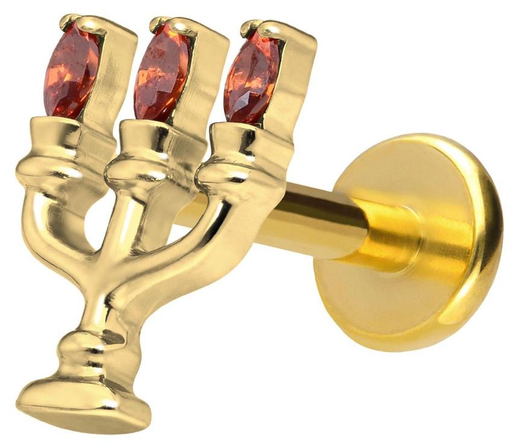 Ohrpiercing, Nasenpiercing Titan Labret mit Push Fit KERZENLEUCHTER Gold Stablänge: 10mm | Stabstärke: 1,2mm