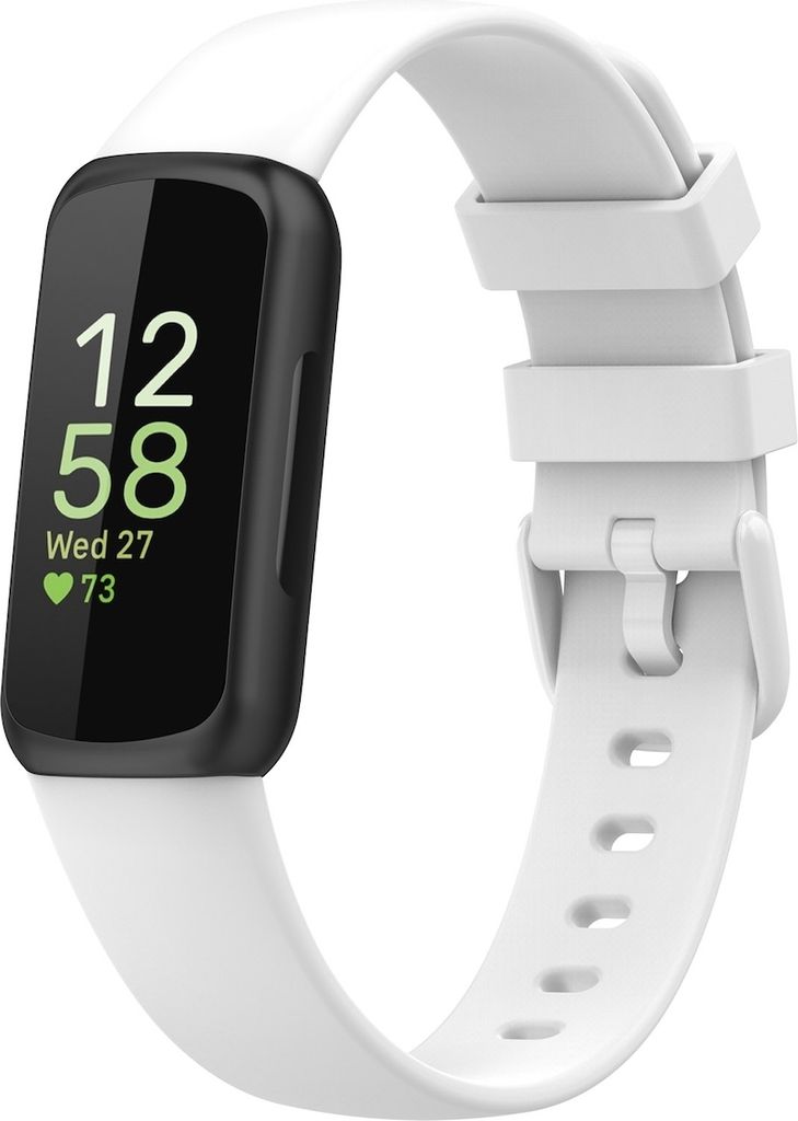 A white Fitbit Inspire 3 fitness tracker with a black bezel and a white silicone band is shown against a white background. The screen displays the time, date, and heart rate.