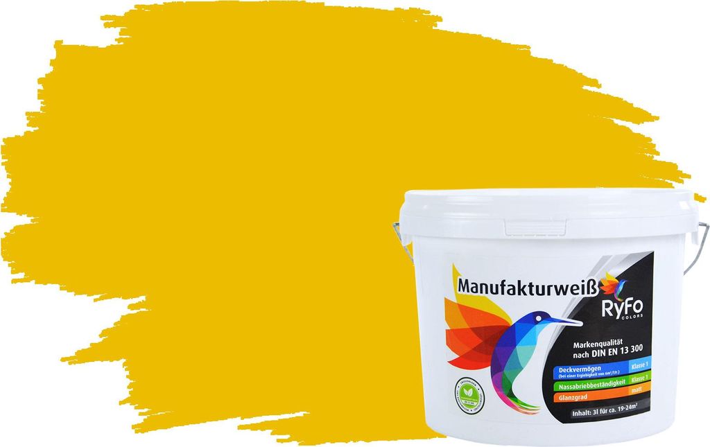 RyFo Colors Bunte Wandfarbe Manufakturweiß - weitere Gelb Farbtöne und Größen erhältlich, Deckkraft Klasse 1, Nassabrieb Klasse 1 Bernstein 3l