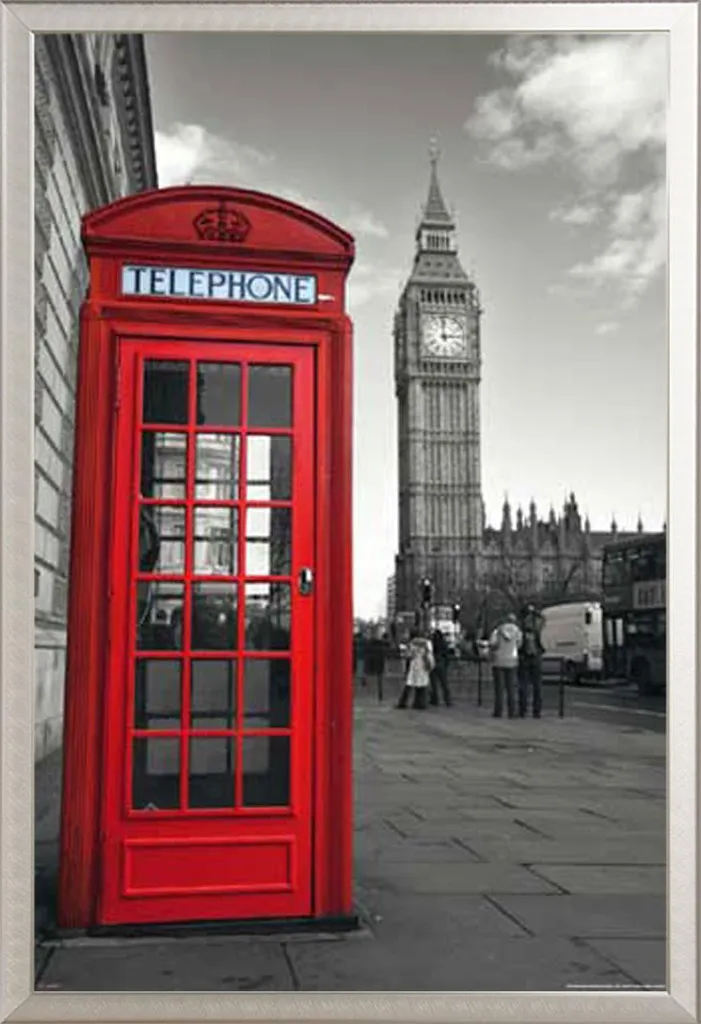 Affiche Londres Phonebox Rouge et Cadre Shinsuke Aluminium Argenté Pro