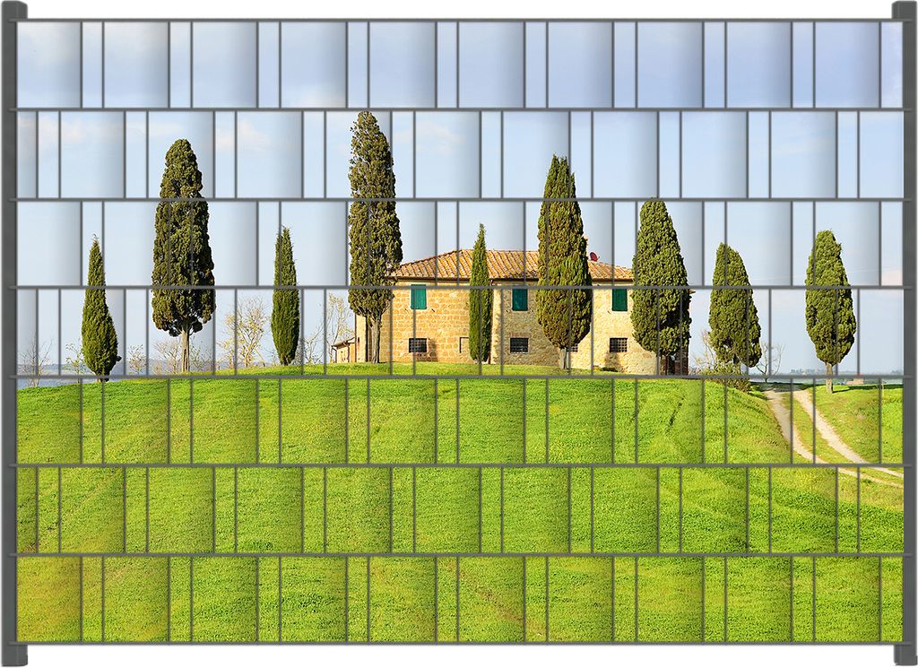 Wallario Zaunsichtschutz mit Motiv Villa auf einem Hügel in der Toskana für Ein- und Doppelstabmatten Zäune in der Größe 200 x 140 cm