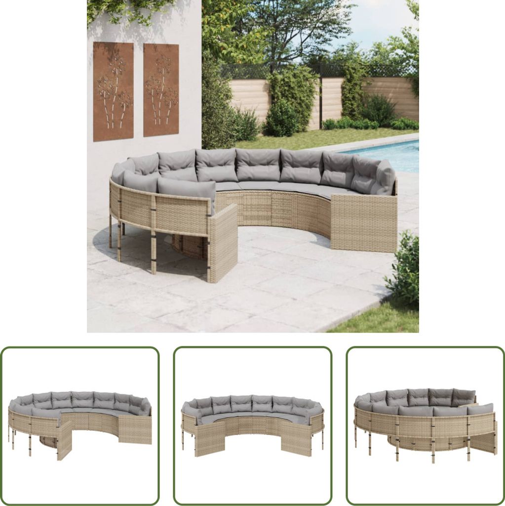 The Living Store Gartensofa mit Kissen Rund Beige Poly-Rattan