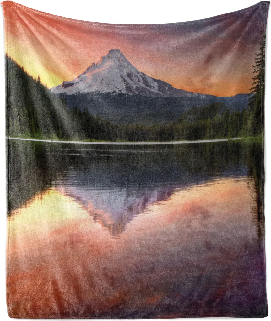ABAKUHAUS Coperta in morbida flanella di pile, riflesso del Monte Hood sul lago Trillium in Oregon al tramonto, paesaggi naturali, 175 x 230 cm, multicolore