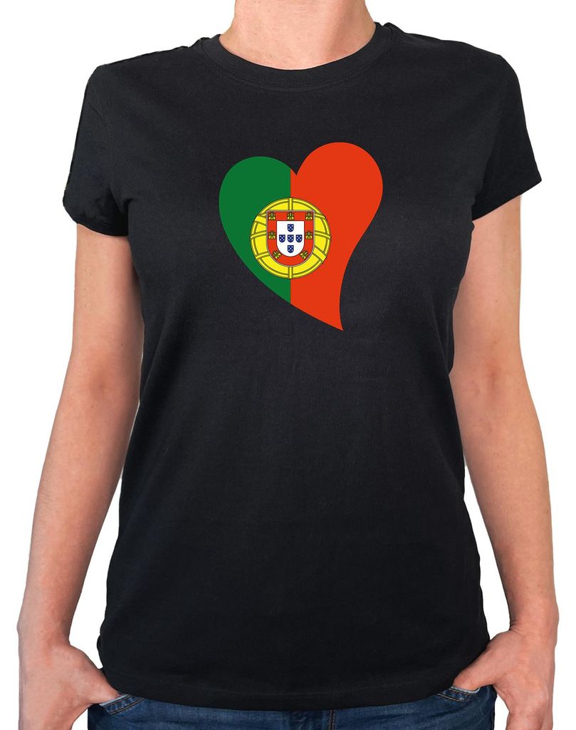 Huuraa Damen T-Shirt Portugal Flagge Herz M Black Bio Baumwolle Fairtrade Damenshirt Geschenkidee