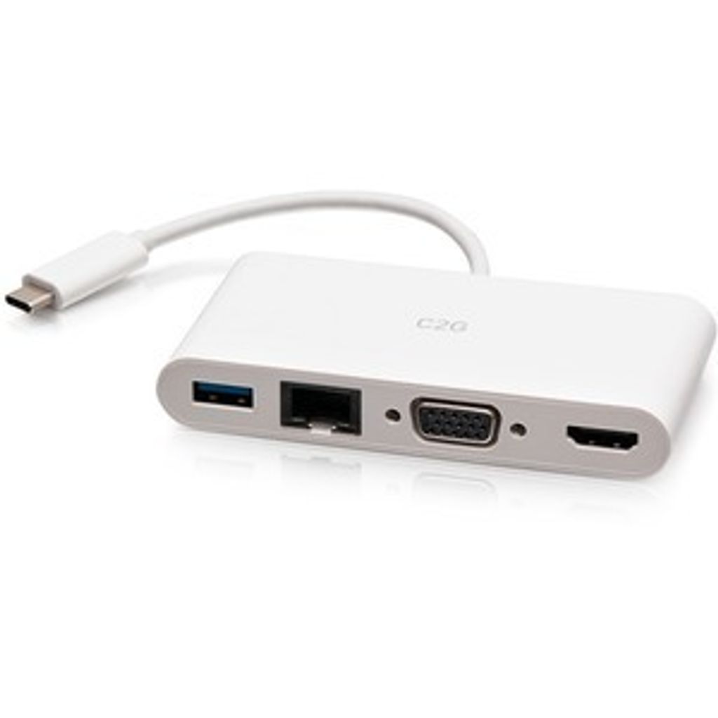 C2G USB-C auf HDMI , VGA, USB-A und RJ45 Multiport-Adapter - 4K 30 Hz - Weiß, Kabelgebunden, USB 3.2 Gen 1 (3.1 Gen 1) Type-C, 10,100,1000 Mbit...