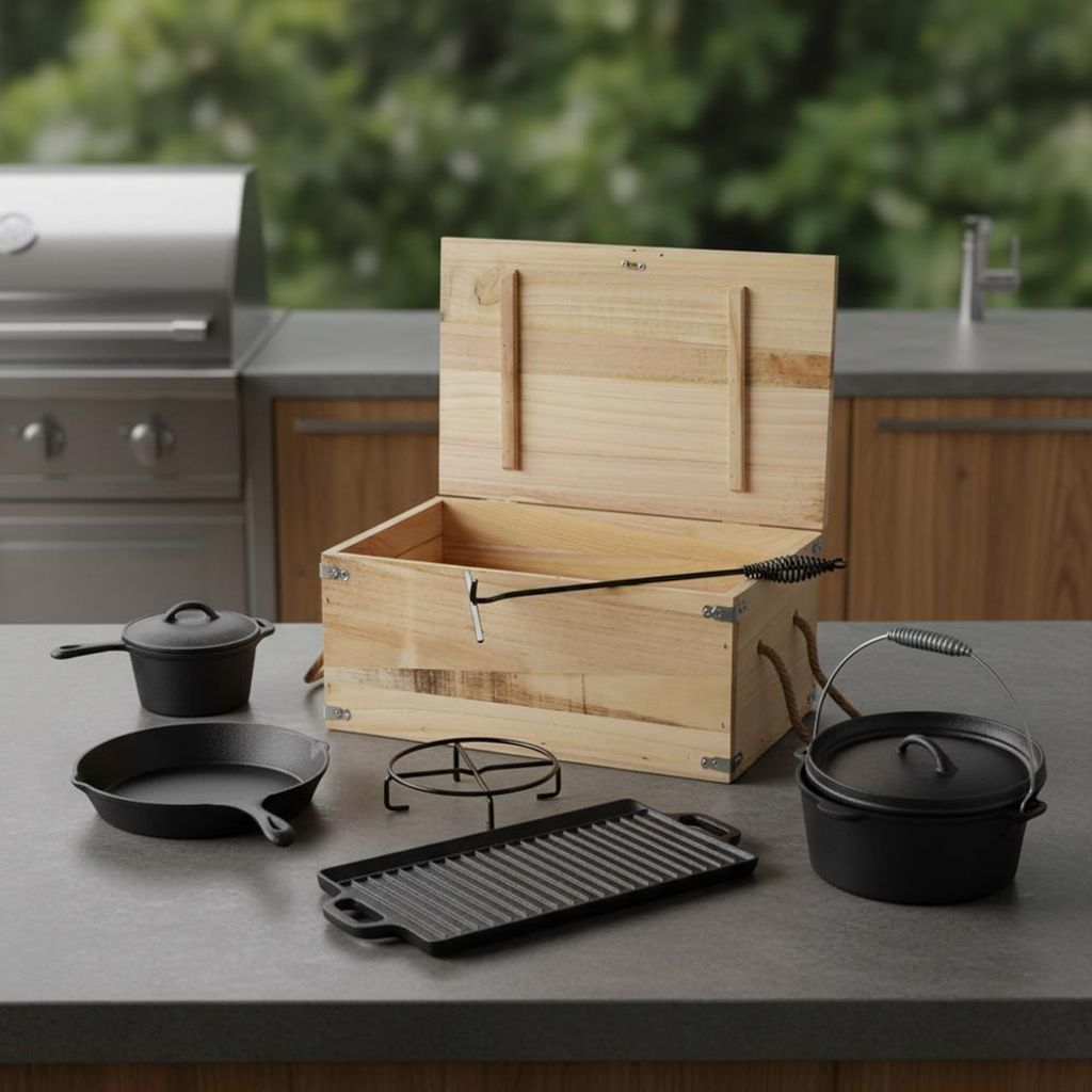 Mucola Dutch Oven Set mit Holzkiste Potjie BBQ Gusseisen Grillpfanne Feuertopf Schmortopf für Lagerfeuer Camping Grill Bräter