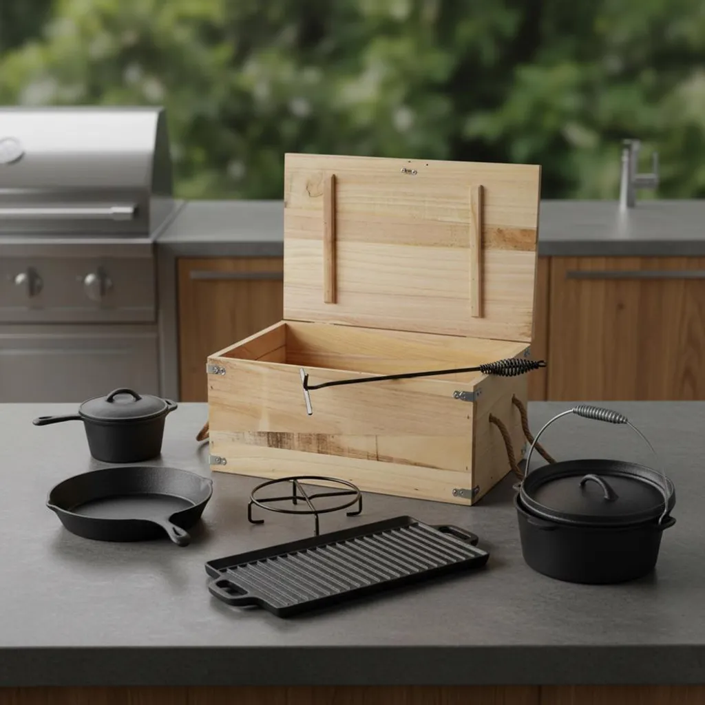 Cocotte camping en fonte avec rangement bois : finis les repas brûlés au feu