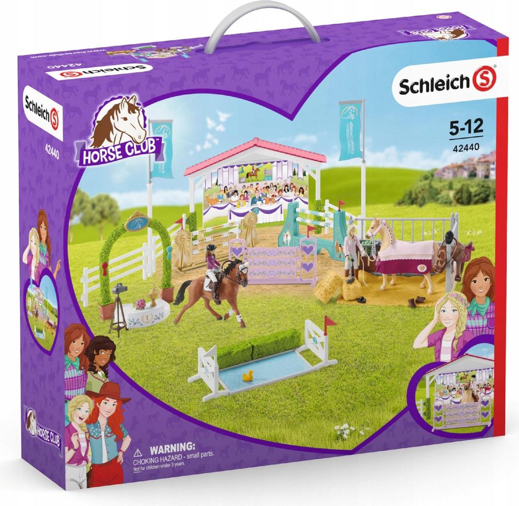 The image shows the packaging for a Schleich Horse Club toy set, depicting a scene of a horse show with various figures and accessories.