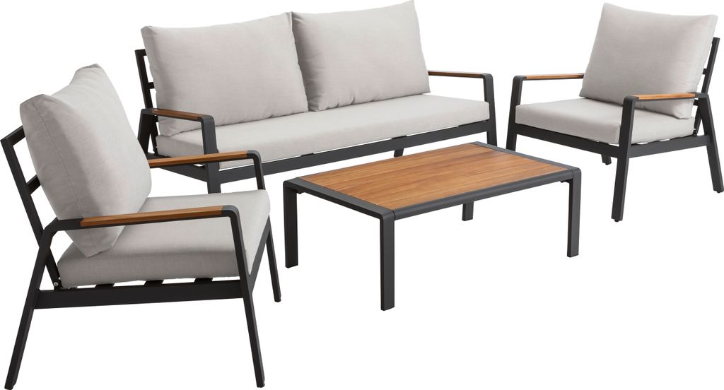 Dehner Garten-Lounge Milo, 4-teilig mit 1x Tisch / 1x Sofa / 2x Sessel je mit Polster, Aluminium / FSC es Akazienholz / Textilien, dunkelgrau / b...