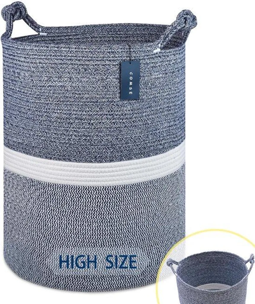 Grand Panier de Rangement pour Linge Familial - Bac Haut Bleu et Blanc