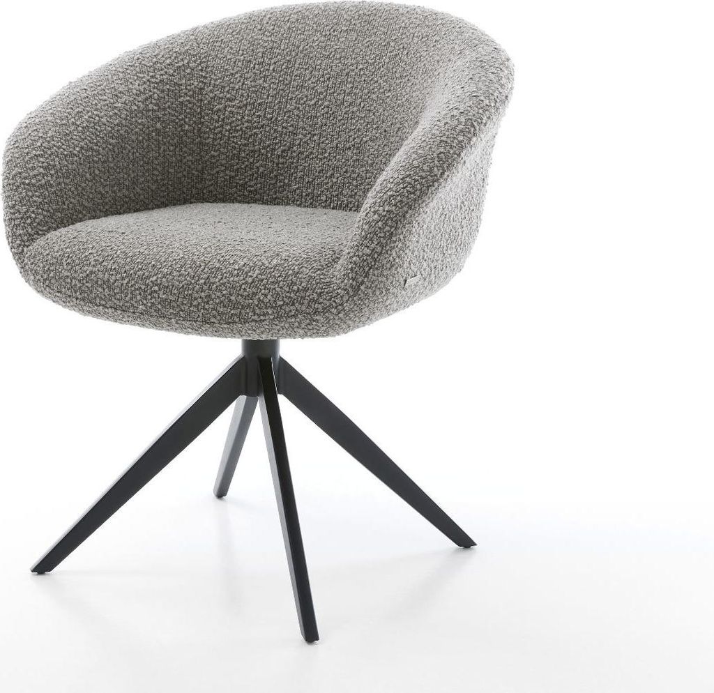 DELIFE Drehstuhl Vinka-Flex mit Armlehnen Bouclé Silbergrau Kreuzgestell breit Schwarz 360° drehbar Wippfunktion Taschenfederkern