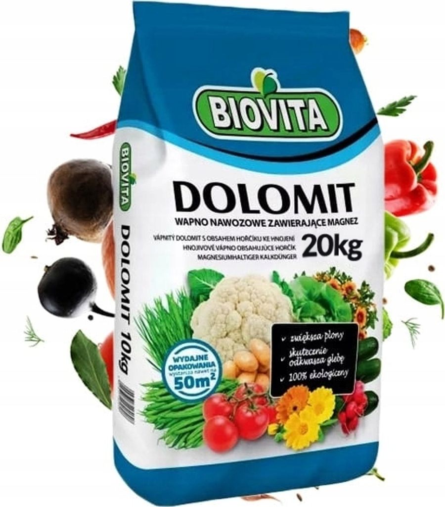 A bag of BIOVITA Dolomit fertilizer with images of vegetables and flowers surrounding it.
