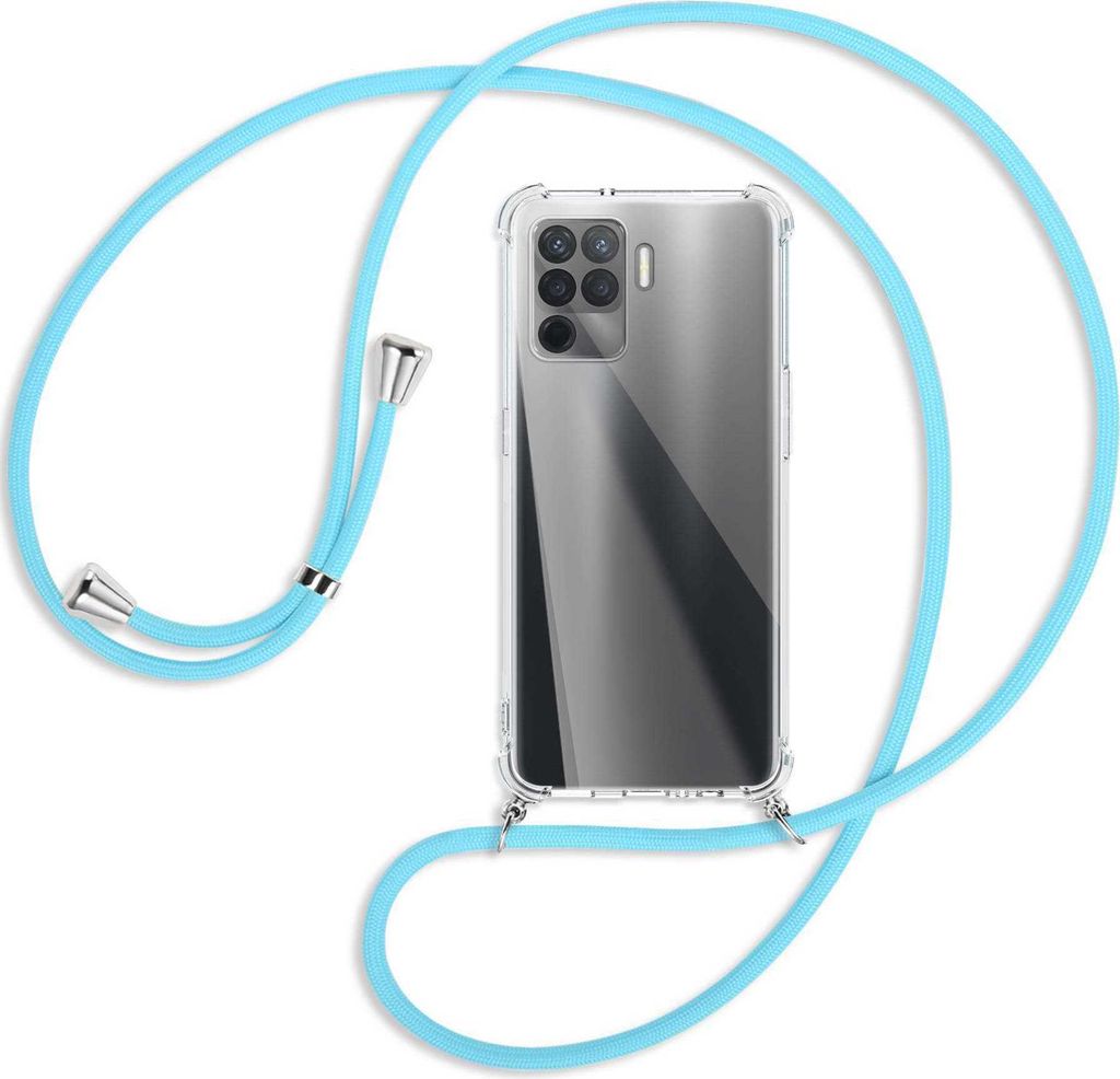 Handykette Backcover-Schutzhülle mit Band (Metall silberfarben) für Oppo Reno5 Lite (CPH2205, 6.43'') - himmelblau