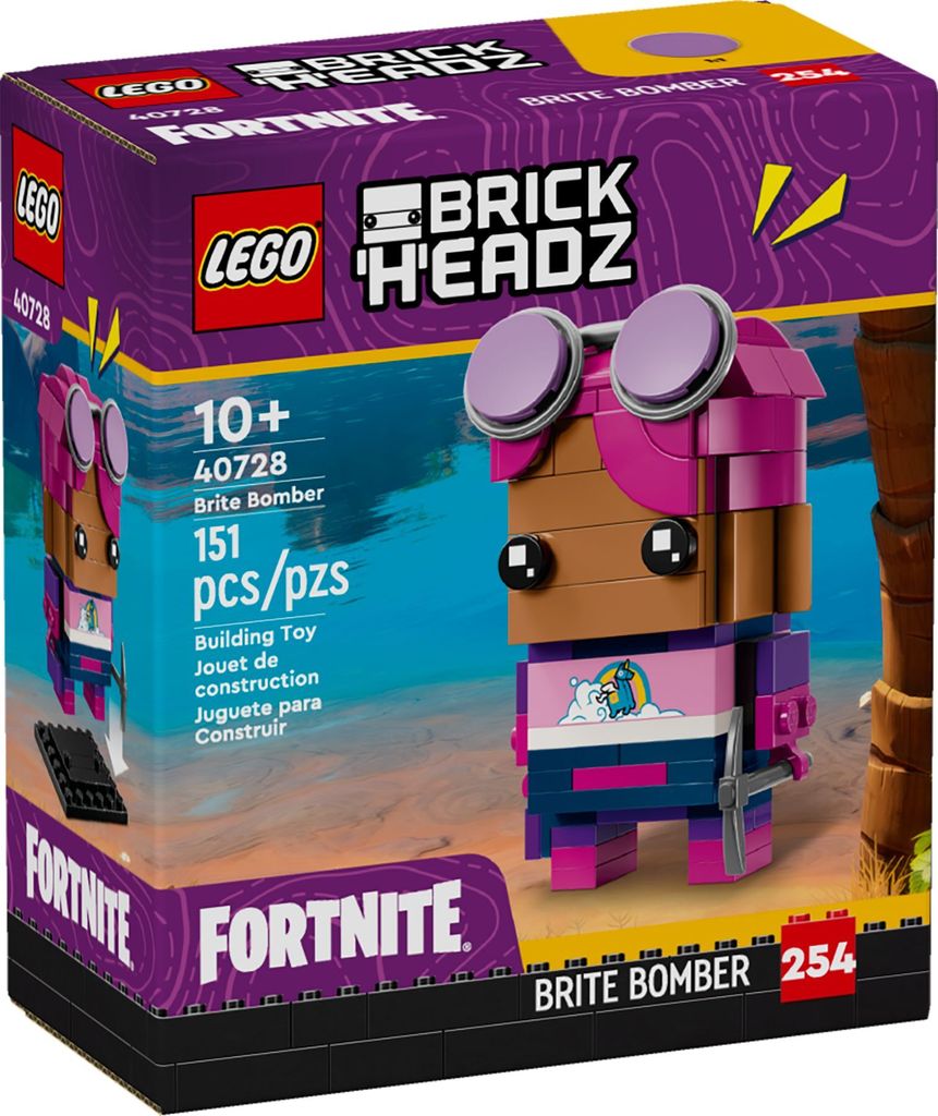 The image shows the packaging of a LEGO BrickHeadz Fortnite Brite Bomber building toy set.