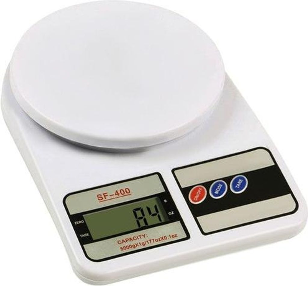 A white digital kitchen scale is shown from a slight angle.