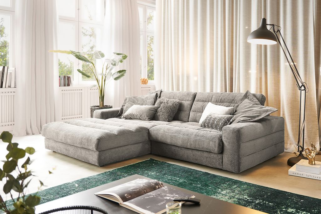 KAWOLA Sofa LANA Ecksofa Cord steingrau Recamiere links