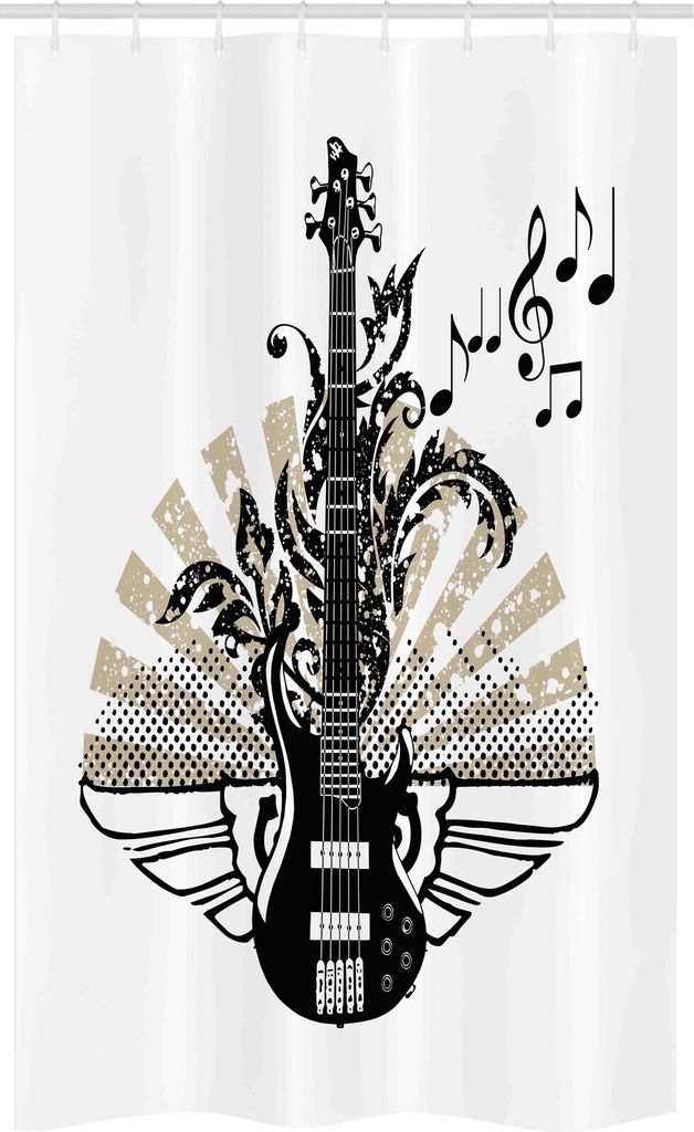 ABAKUHAUS Gitarre Schmaler Duschvorhang, Rock and Roll-Muster, Badezimmer Deko Set aus Stoff mit Haken, 120 x 180 cm, Tan Schwarz Weiß