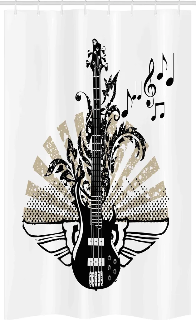 ABAKUHAUS Chitarra Tenda da doccia stretta, motivo rock and roll, set decorativo per bagno in tessuto con ganci, 120 x 180 cm, marrone chiaro, nero, bianco