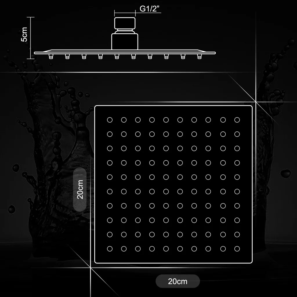 Soffione Doccia JOHO 20x20 Inox Nero - Installazione Facile G1/2 - 4