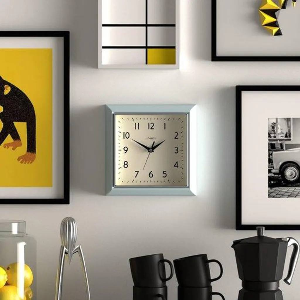 Horloge de cuisine carrée moutarde 25cm - Pendule de bureau rétro grise