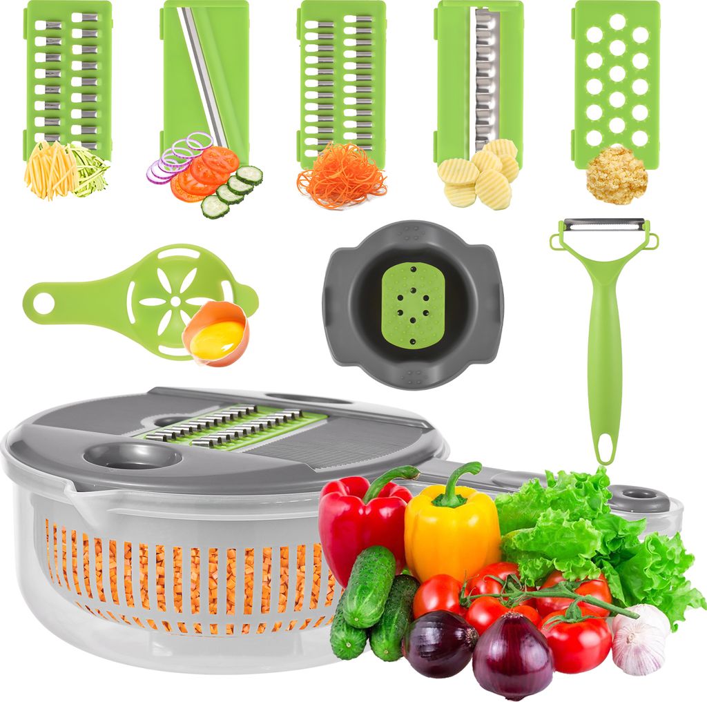 Gemuesehacker mit Behaelter, multifunktionaler 11-in-1-Zwiebelschneider, Gemuesehobel, Wuerfelschneider mit 5 Klingen, Siebkorb, Eiertrenner, Hands...