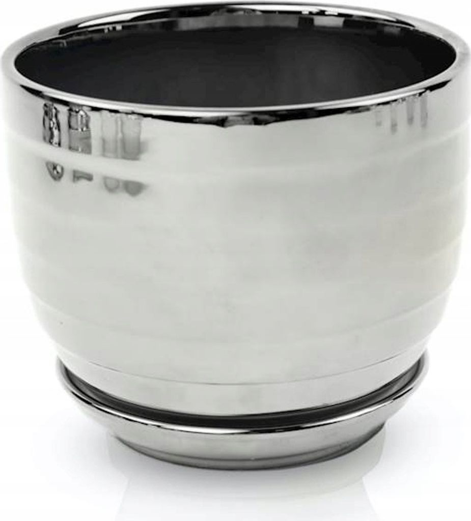 A silver ceramic pot with a matching saucer, isolated on a white background.