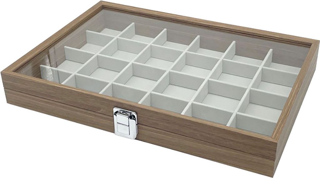 Holz Schmucklade 24 Fächer für Schmuck Ringe Ohrringe Halsketten Armbänder Schmuckkoffer Schmuckkasten Schmuckbox Aufbewahrung Schmuckdisplay Deckel
