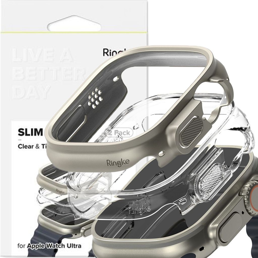 A product shot of two Ringke Slim cases for Apple Watch Ultra, stacked on top of each other, with packaging in the background.