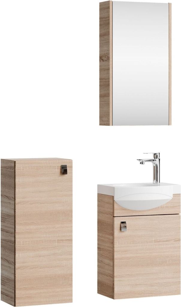 Planetmöbel Badmöbel-Set Waschtisch mit Unterschrank 40 cm & Spiegelschrank 40 cm & Midischrank Sonoma Eiche