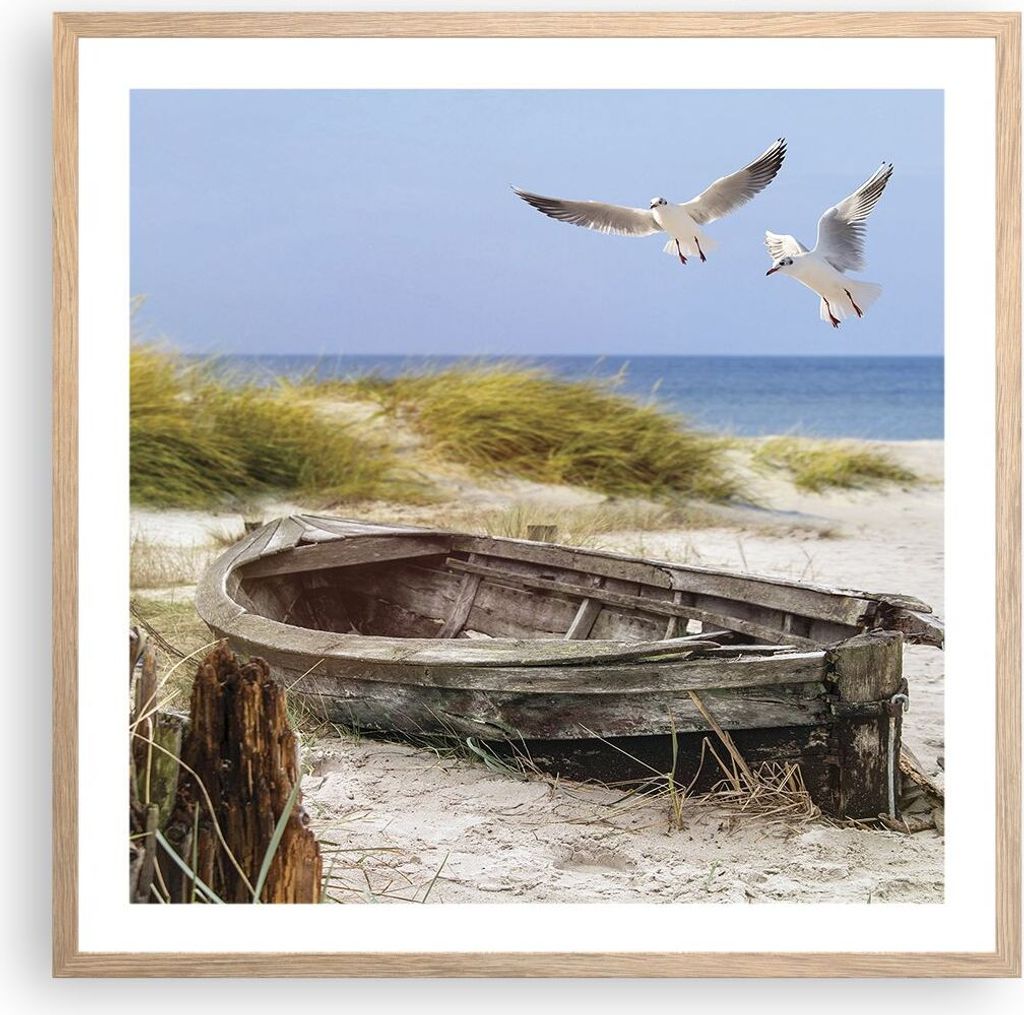 Gerahmtes Poster - Rahmen in heller Eiche - Strand Möwen £ódŸ - 60x60 cm - Wand Bild - Wanddeko - Wandbilder - Wandposter - Bilderrahmen - Bild...