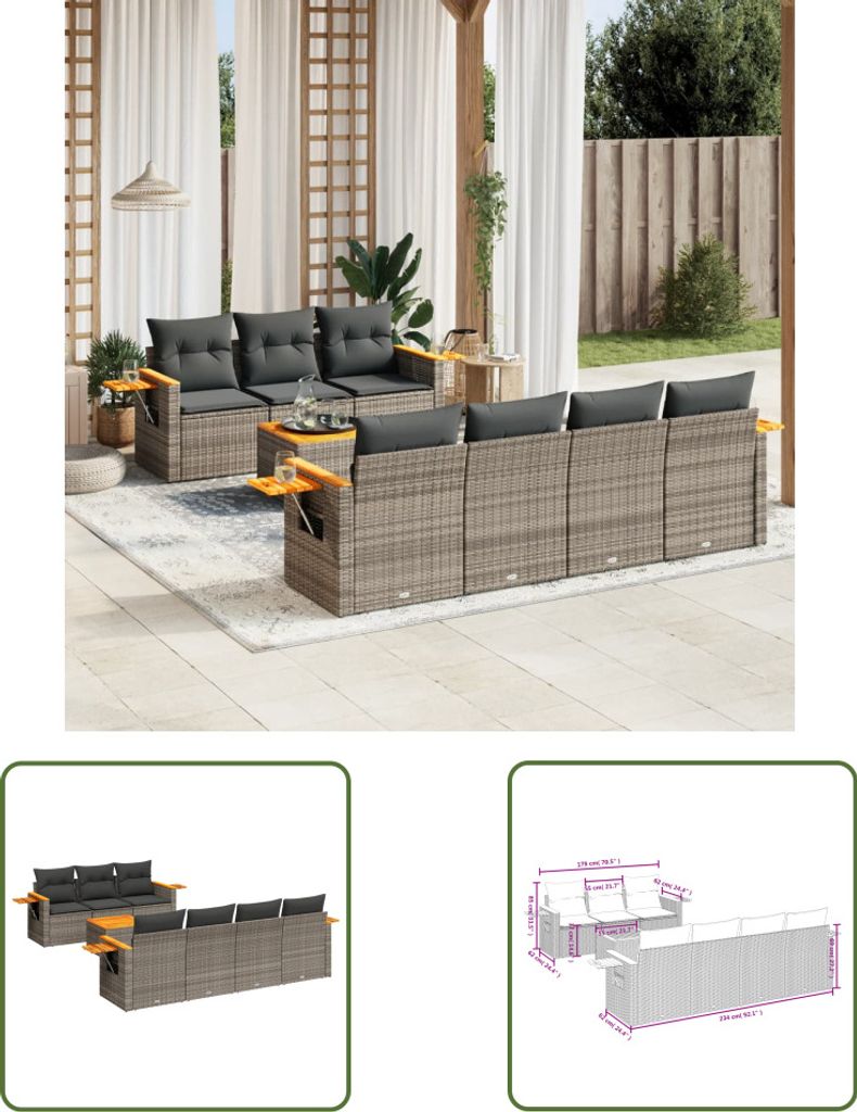 The Living Store 8-tlg. Garten-Sofagarnitur mit Kissen Grau Poly Rattan