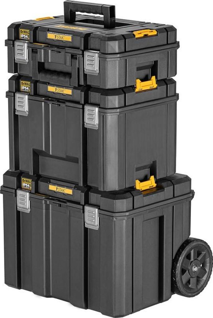 A stack of three DeWalt toolboxes on a white background.