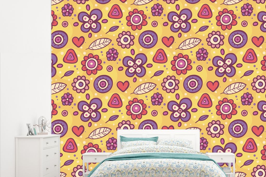 MuchoWow Fototapete für Wohnzimmer oder Schlafzimmer Wandtapete Vinyl Motivtapete Muster - Blumen - Lila - Orange - 265x220 cm - Die Küche