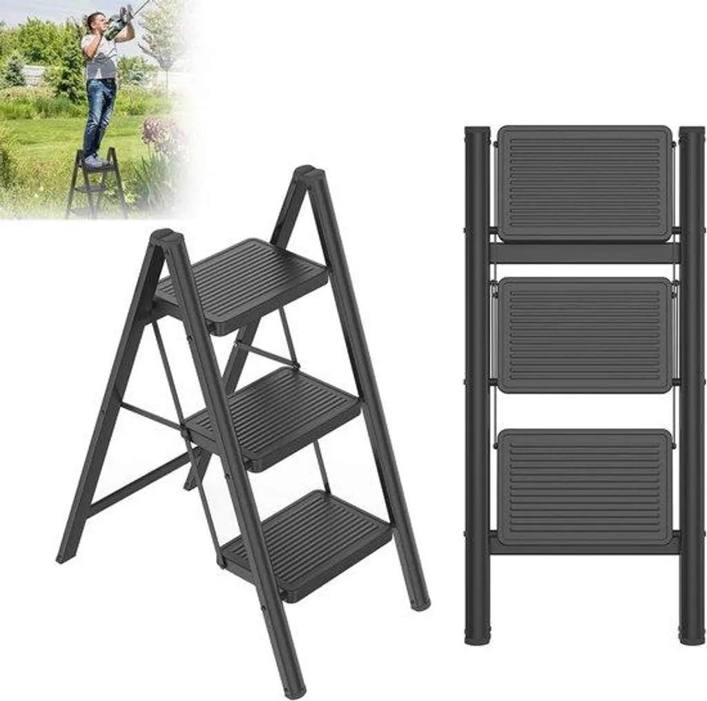 Escabeau pliable 3 marches - Marchepied robuste en acier noir 270 kg