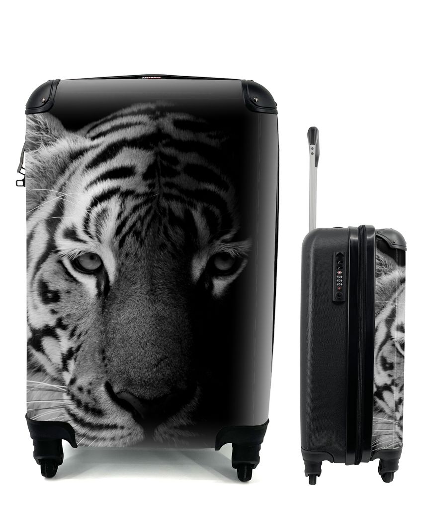 MuchoWow Koffer Handgepäck Trolley Rollkoffer Kleine Reisekoffer mit 4 Rollen - Tiger - Tiere - Wild - Schwarz - Weiß - Cabin Size < 55x40x23 c...