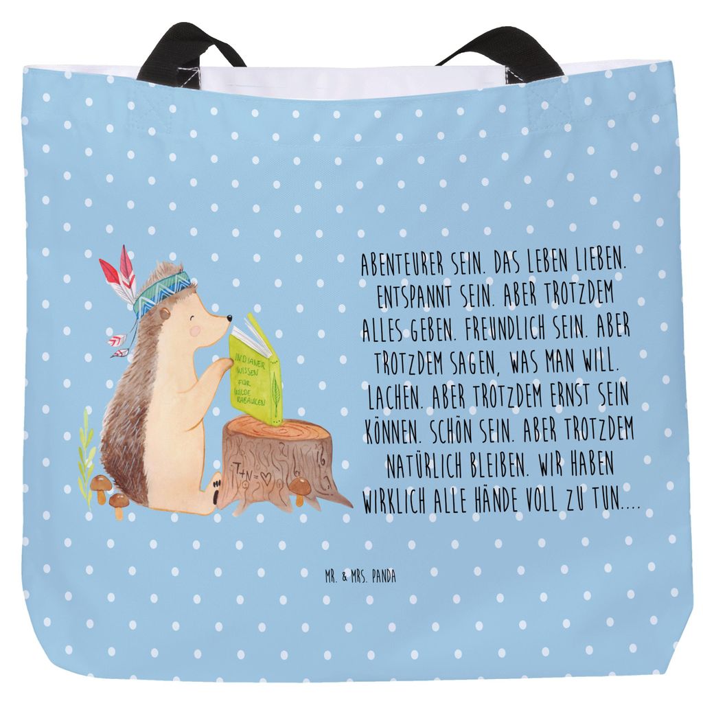 Mr. & Mrs. Panda Tote Bag Igel Federschmuck - Blau Pastell - Geschenk, Abenteuer, Tragetasche, Schultasche, Beutel, Camping, Tiere, Lagerfeuer, Tas...