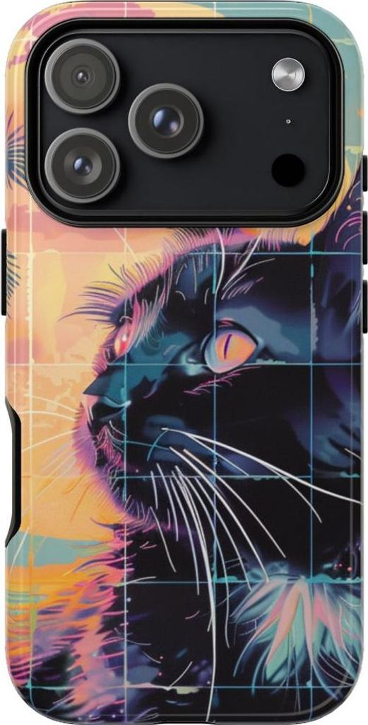 Lofi-Vaporwave-Katze vor Sonnenuntergang und Palmen – Hülle Kompatibel mit iPhone 17 Pro