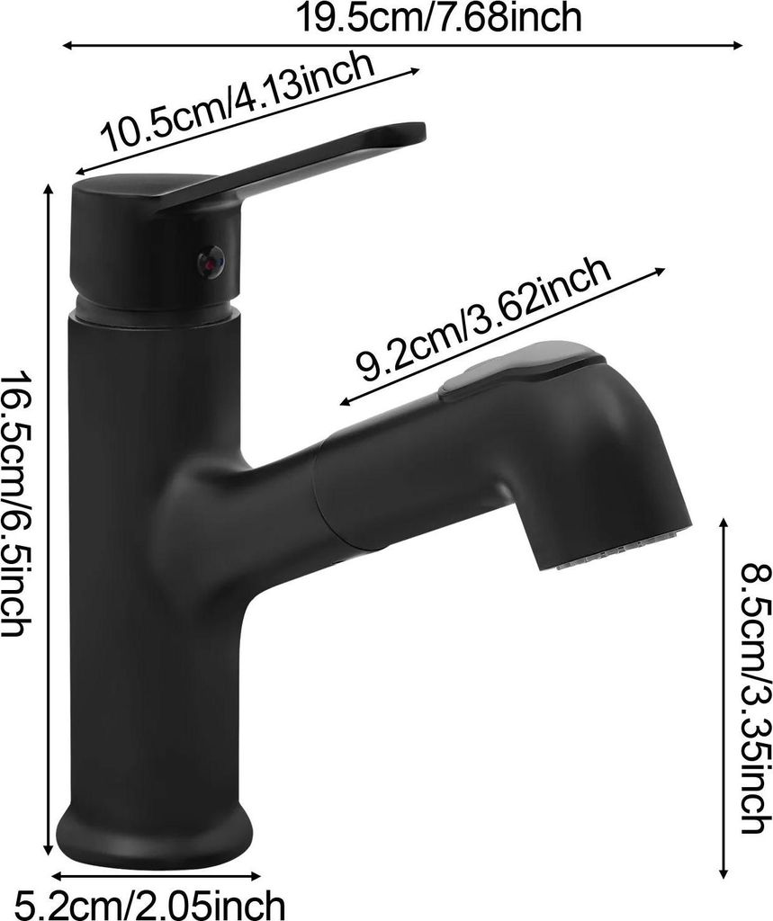 Badezimmerarmatur - Waschtischarmatur - Ausziehbarer Auslauf, 2 Strahlarten, 16,5 cm, Einhebel, Keramikkartusche, Montage auf Waschtisch - Schwarz