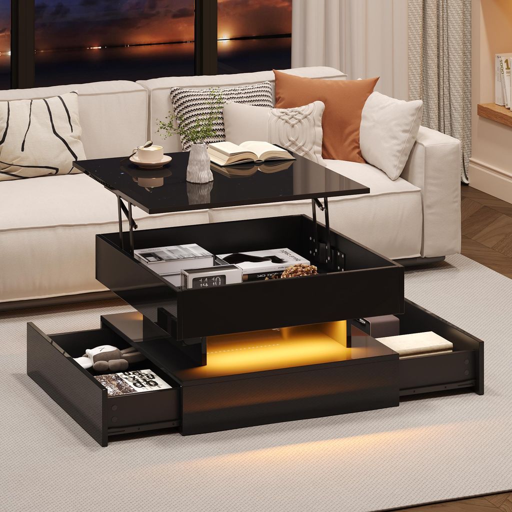 Merax Couchtisch höhenverstellbar 65x65cm mit LED und 2 Schubladen, Hochglanz Beistelltisch mit Stauraum und Smart Licht via App, für Wohnzimmer ...