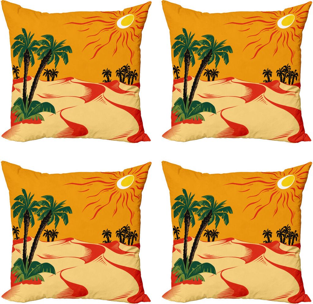 ABAKUHAUS Oase Kissenbezug Set (4 Stück), Wind welliger Sand und Bäume, Moderner Doppelseitiger Digitaldruck, 60 cm x 60 cm, Orange Multicolor