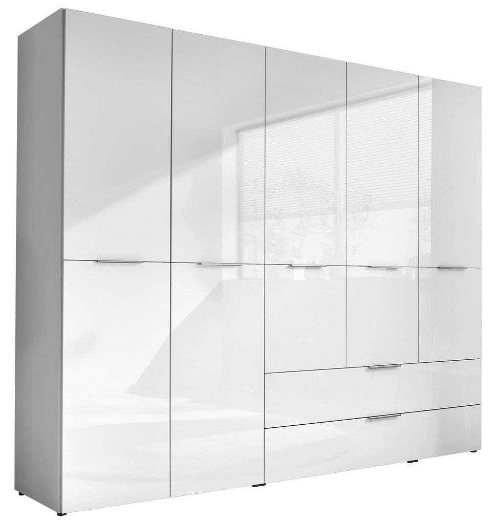 Kleiderschrank - 250 x 212 cm - 5 Türen - 2 Schubladen - Weiß matt - Weißglas