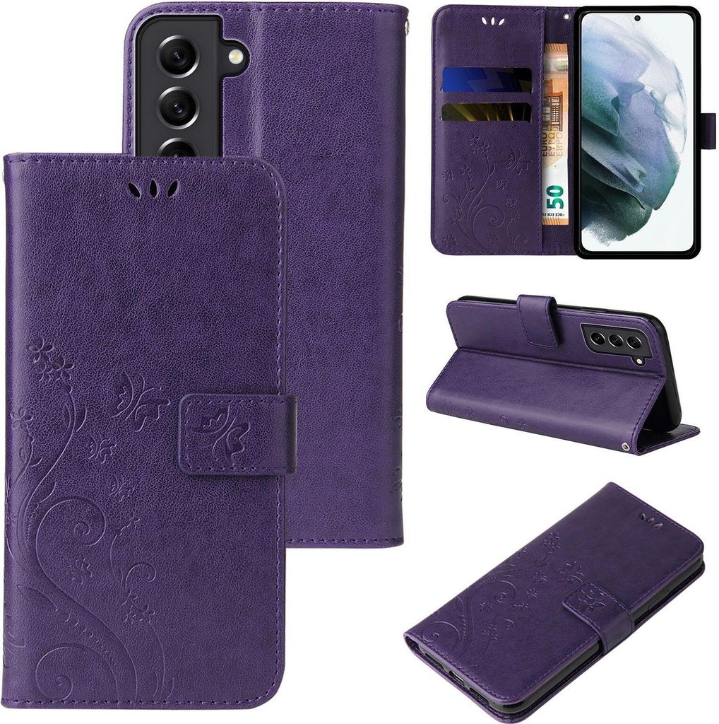 Handyhülle für Samsung Galaxy S21 Floral Blumen Schmetterling Flip Cover Hülle Case Klapphülle Handytasche Farbe: Violett