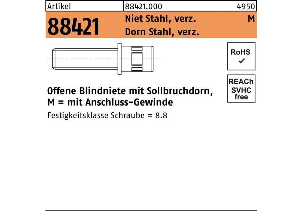 Blindnietschraube R 88421 m.Gewinde M 4 x 10/ 6 x 11 Niet Stahl verzinkt/Dorn Stahl verzinkt