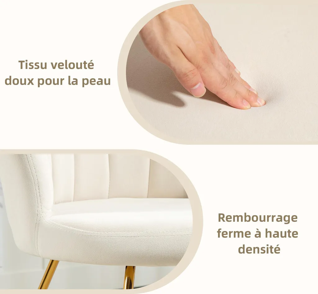 Fauteuil d'appoint velours crème pour coin lecture ou chambre cosy