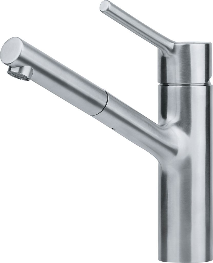 A stainless steel kitchen faucet with a pull-out spout is shown against a white background.