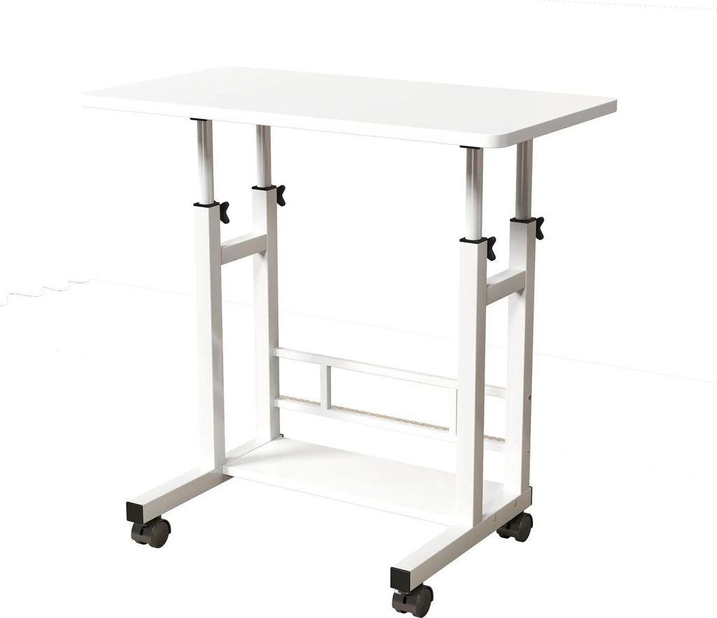 Mobiler Computer-Schreibtisch - Höhenverstellbarer Rolltisch - Eckdesign, Holzplatte, Metallgestell, Mit Rollen, Zum Zusammenbau - Weiß